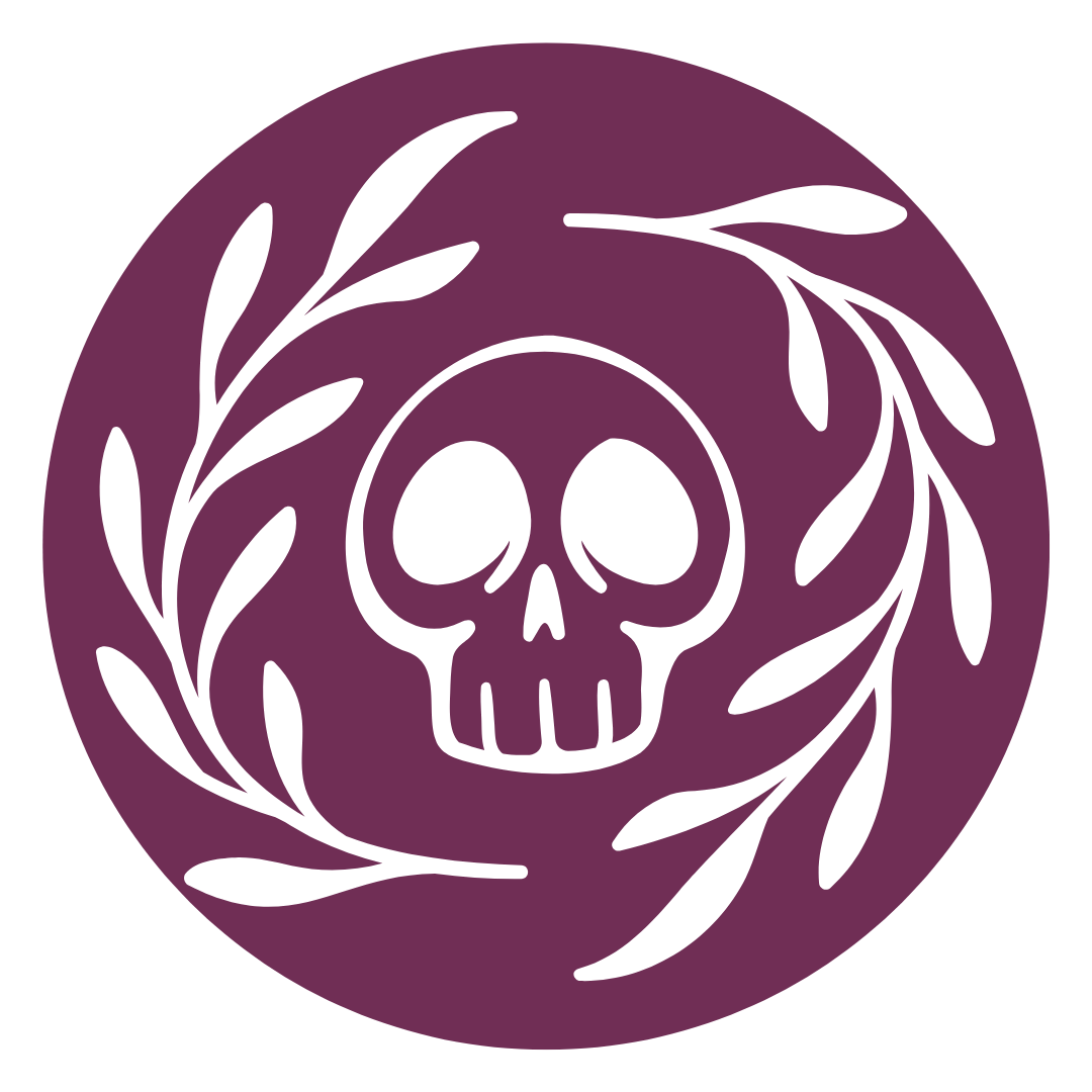 Circular logo with a white skull and laurel wreath on a purple background