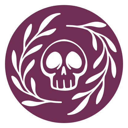 Circular logo with a white skull and laurel wreath on a purple background